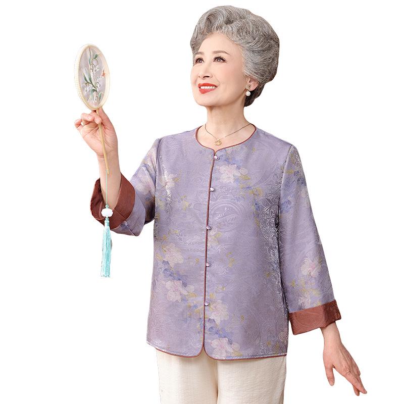 Grandma's New Style Jacket: Elegant Chinese National Design, Suitable for Middle-Aged and Elderly Women - Round Neck, Loose Fit, Elegant Temperament.