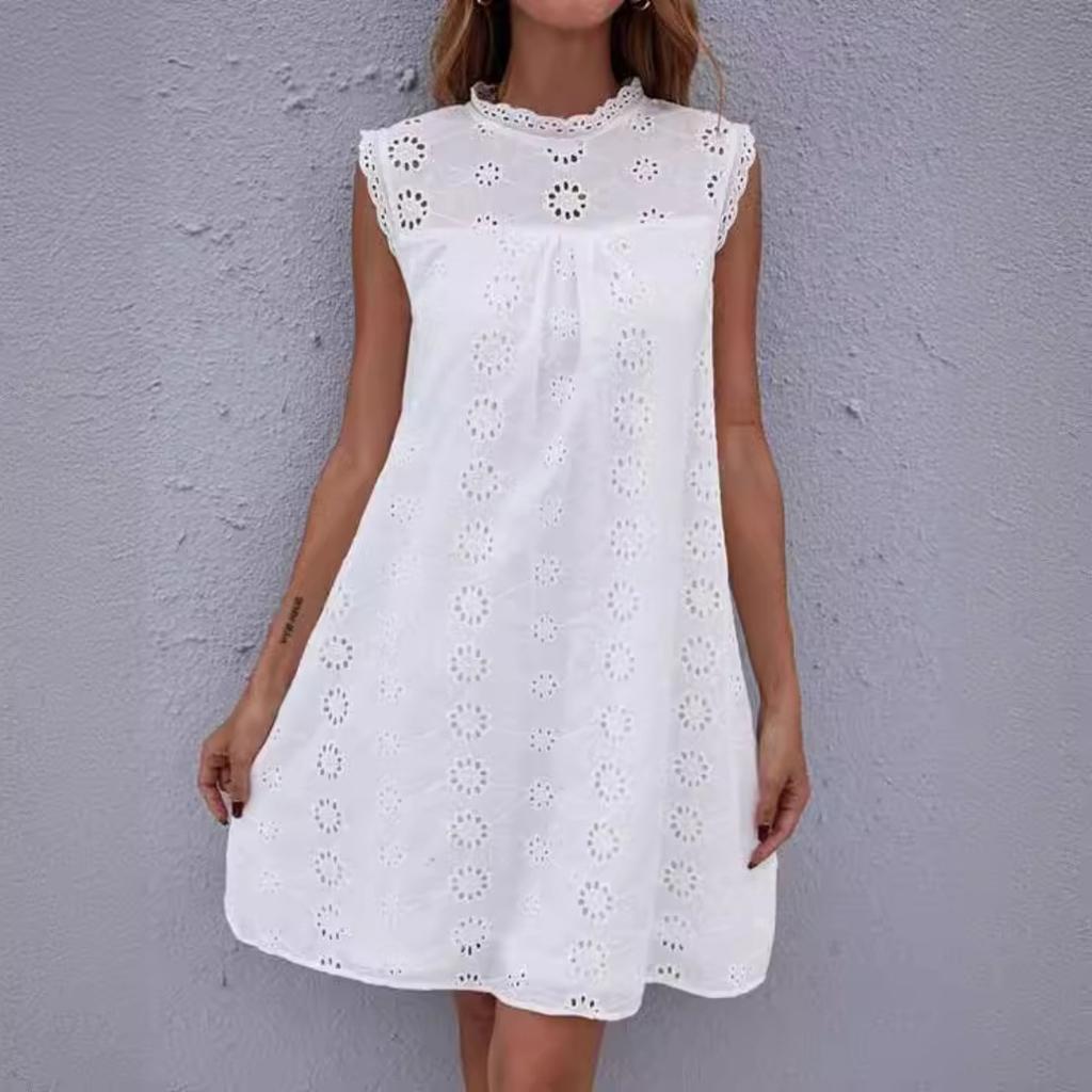 Women's Round Neck Sleeveless Eyelet Embroidery Loose Fit Casual A Line Mini Dress