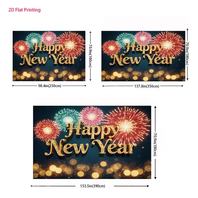 2D Gold Happy New Year Backdrop Colorful Fireworks Celebration Photo Background