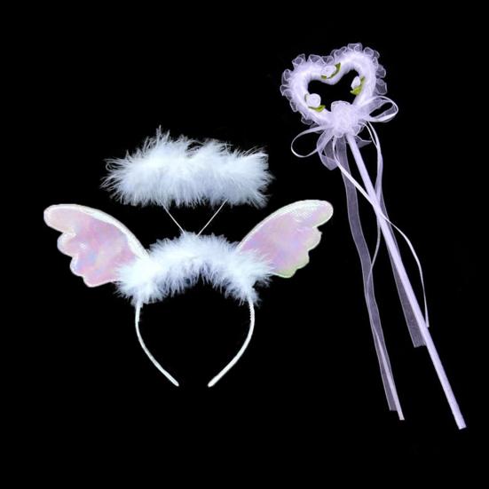 Cosplay Wings Set Feathered Angel Wings with Headband Wand Halloween Angel Role-playing Costume