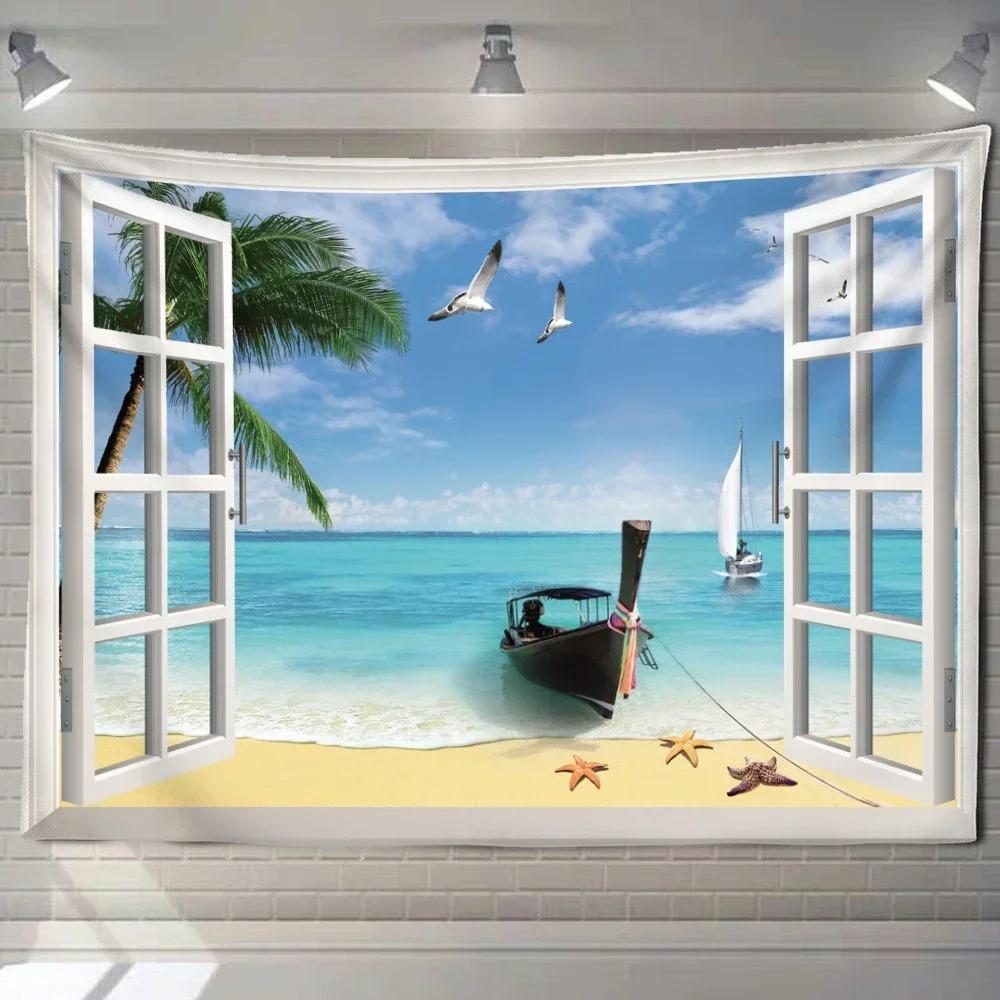 Home decoration natural ecological beach scenery imitation window paper art tapestry background wall room beautiful living room