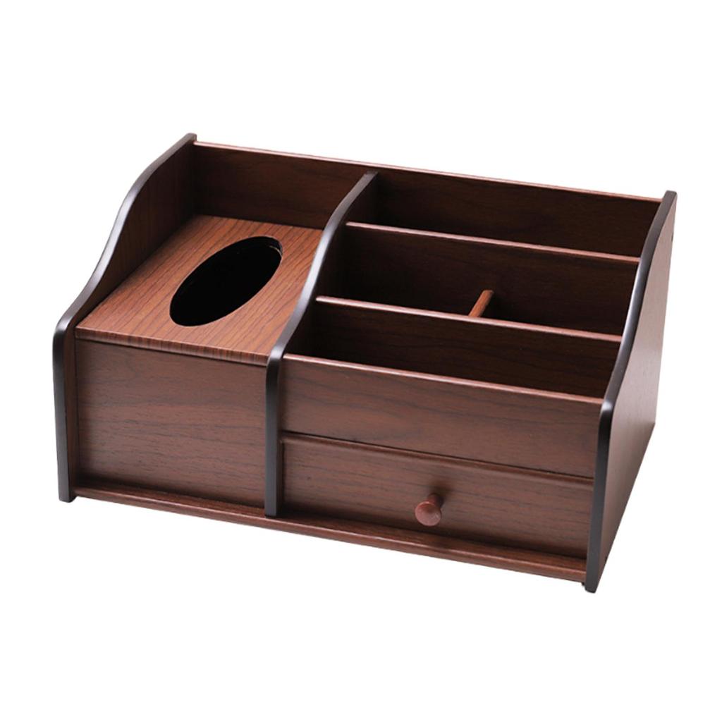 Wood Desk Organiser with Drawer, Wooden Desktop Organizer Tissue Box Holder for Living Room Bedroom