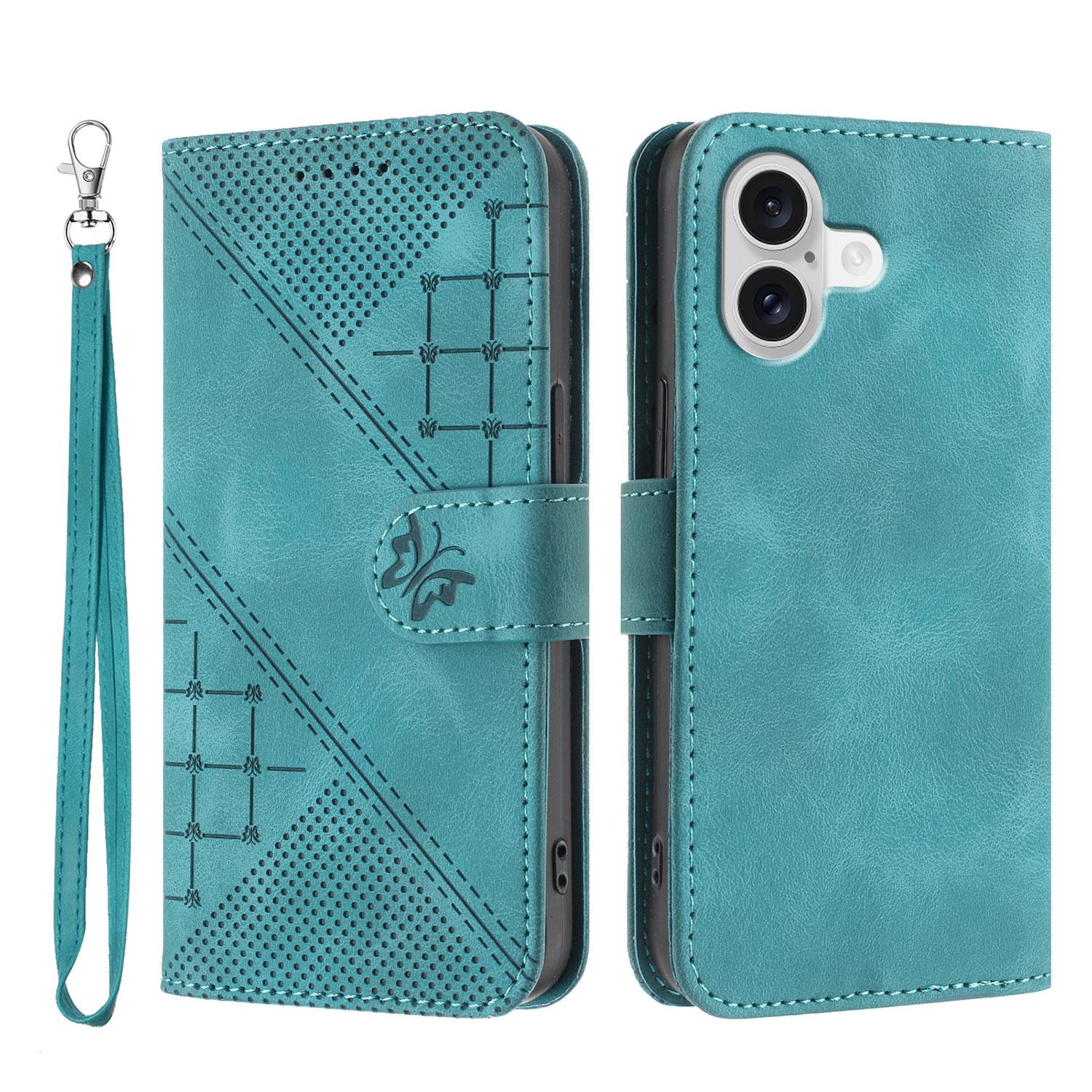 

For iPhone 17 Leather Wallet Case Butterfly Flower Imprinted Phone Cover with Strap Light Blue