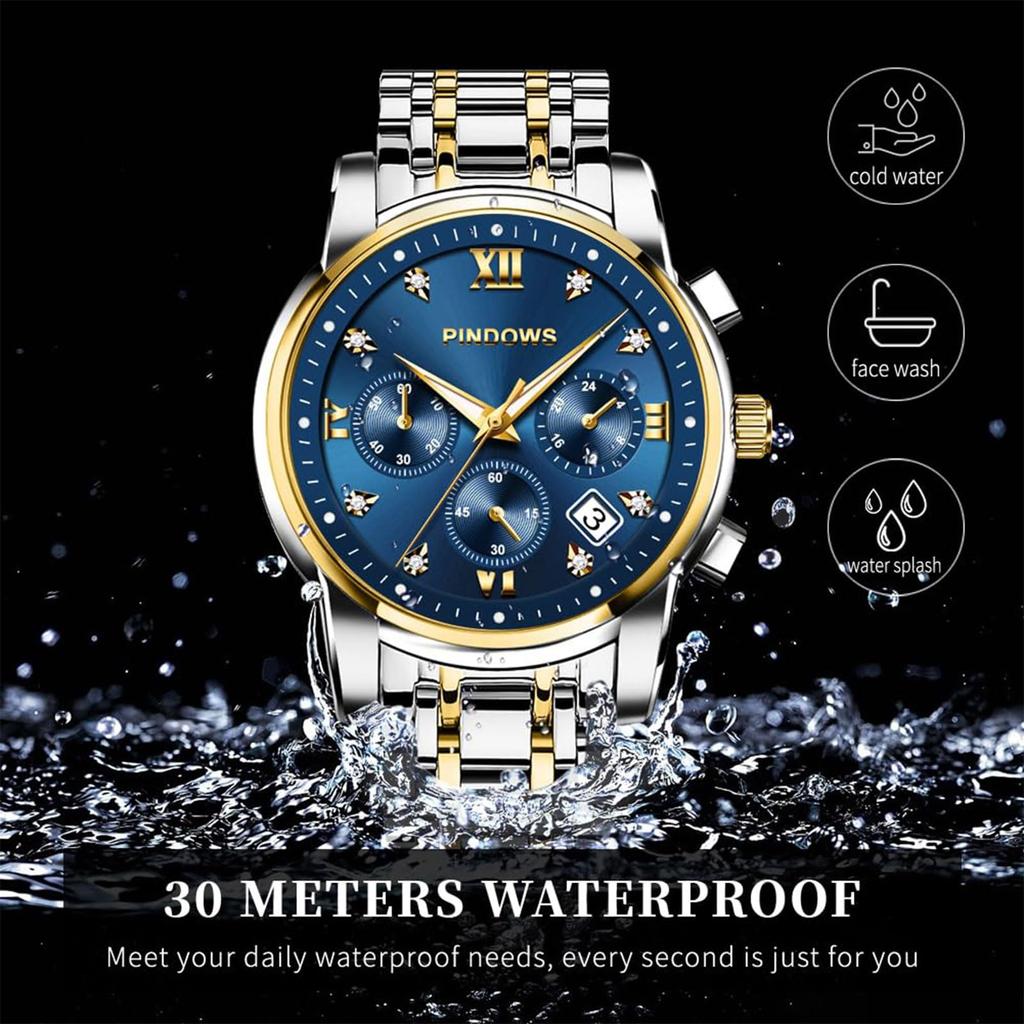PINDOWS Luxury Quartz Chronograph Watch with Date Large Waterproof Business Stainless Steel Luminous Diamond Accents Men's Display, Dial, Watch, Band,