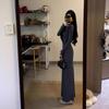 Gray knitted dress autumn and winter small man high sense long sleeve waist unique chic temperament long skirt