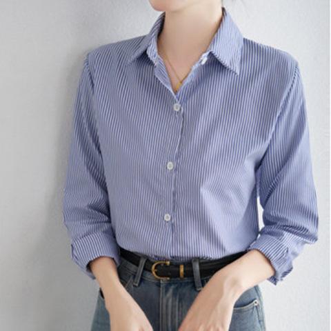 Blue Stacked Design Striped Shirt Women's Loose Top 1116 Early Autumn Casual Versatile Long Sleeve Shirt Tide