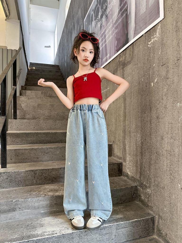 Girls' Embroidered Casual Wide-Leg Jeans for Spring & Autumn