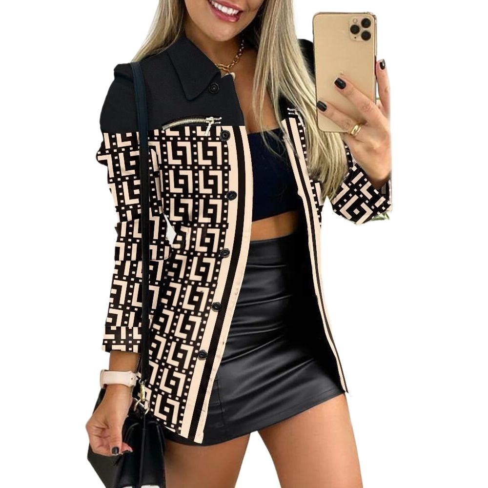BITCED Autumn and Winter Long Sleeve Zip Colour Block Printed Lapel Small Jacket Women's