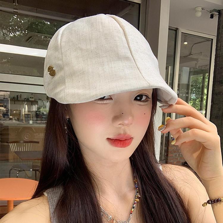 Linen forward hat women's big head circumference wide brim show face small newsboy hat retro literary style beret hat tide