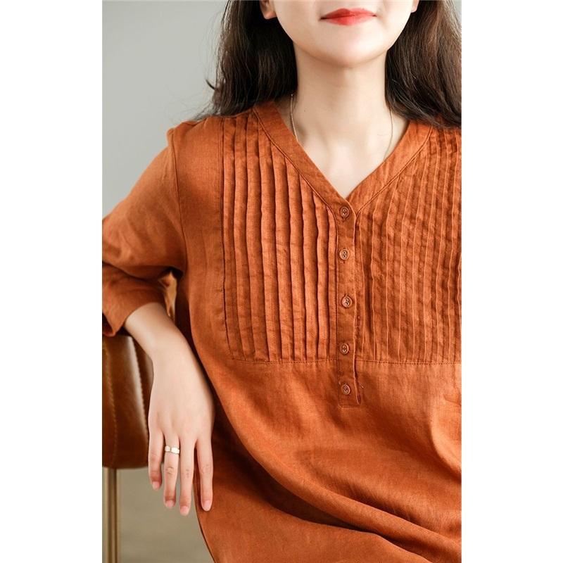 Langes Kleid Damen Baumwolle Große Größe Locker Sommer Retro Nähte Einfarbig V-Ausschnitt Kleid Knielang Dünn Großes Schwingendes Kleid