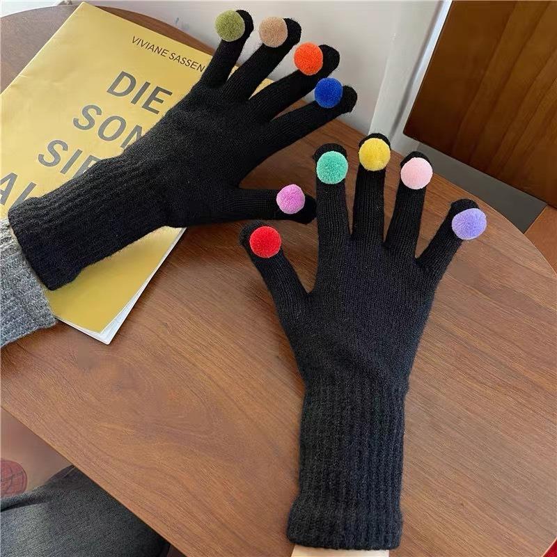 Cartoon Thermal Gloves Women Winter Thickened Cute Couple Student Cold Knitted Wool Riding Five Fingers