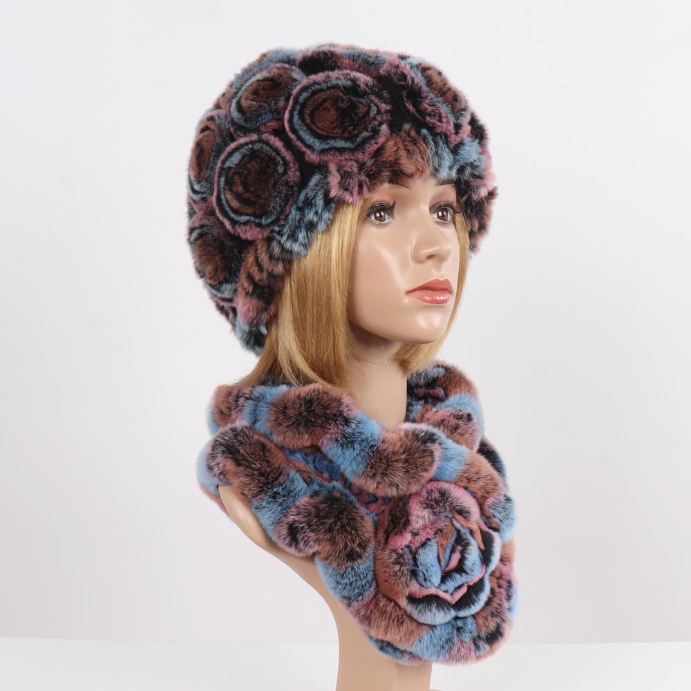 Нові Жіночі Зимові Хутряні Шапки Шарфи Набори Натуральні Теплі Справжні Шапки з Хутра Кролика Рекс Шарфи Леді В'язані Шапки з Натурального Хутра Шарф