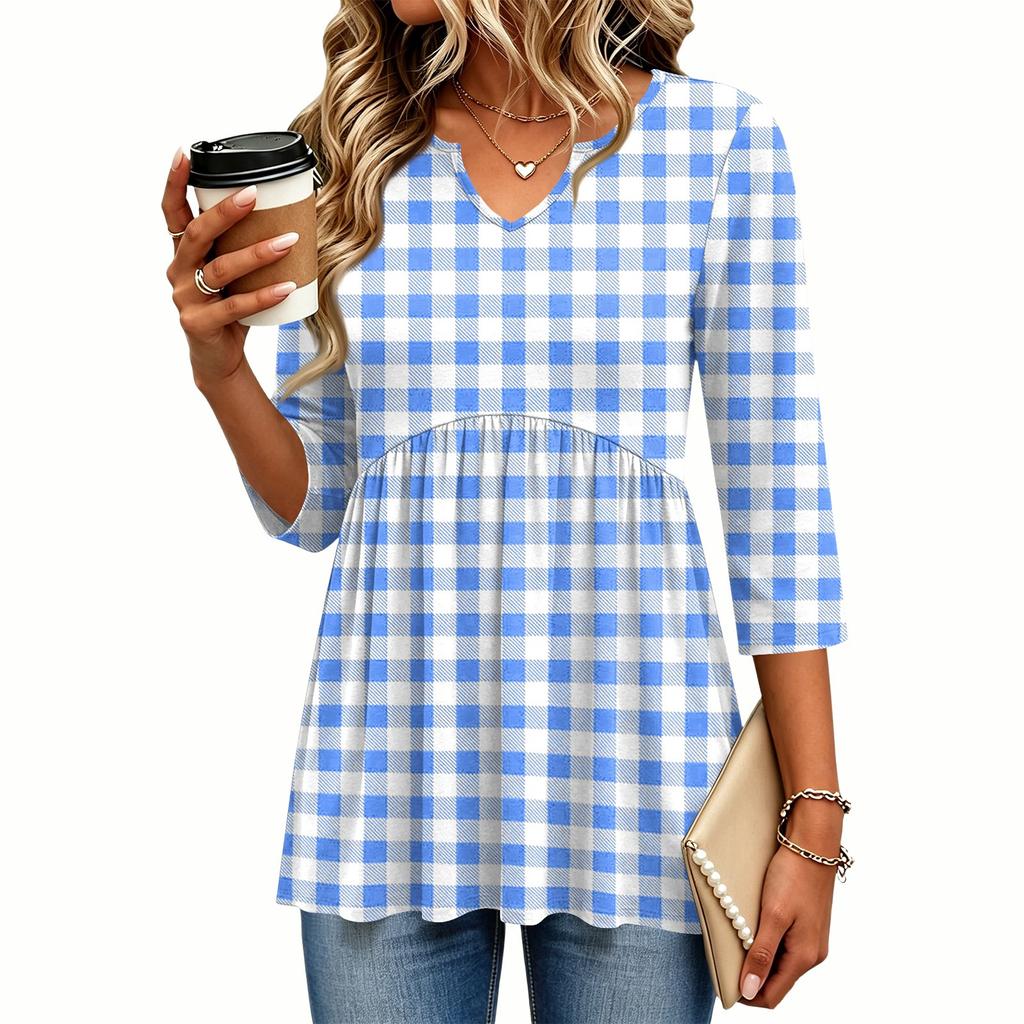 Women's Casual Plaid Print V-Neck Blouse with Three-Quarter Sleeves for Everyday Outfits