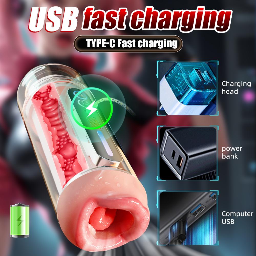 Automatic Male Masturbator Mouth Vagina Double-Headed Penetration Channel Vibrating Heating Blowjob Moaning Pocket Pussy Sex Toy