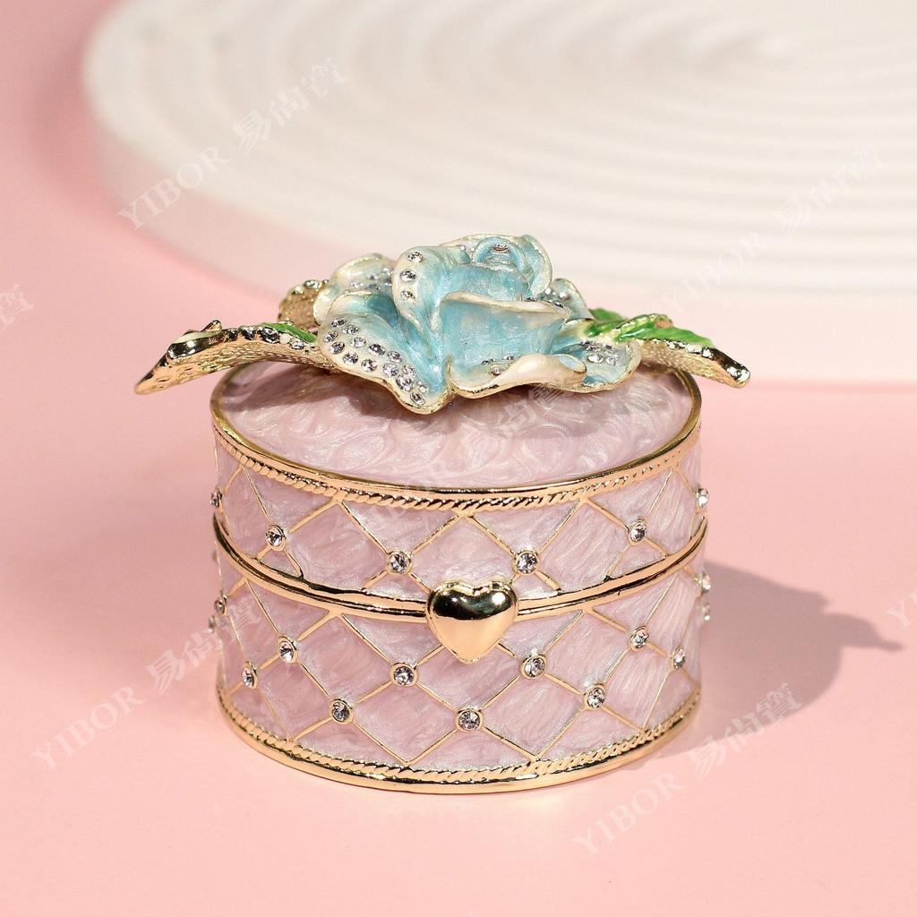 Enamel Rose Flower Jewelry Box, Alloy Light Luxury Ring Holder, Fashion Handicraft Storage Box for Earrings & Necklaces
