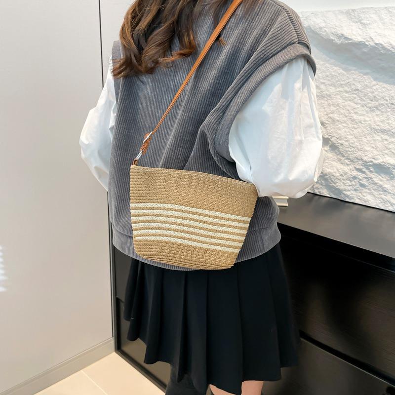 Fashion Versatile Woven Summer Seaside Bucket Bag Women's Leisure Personality Niche Design Striped Beach Messenger Bag