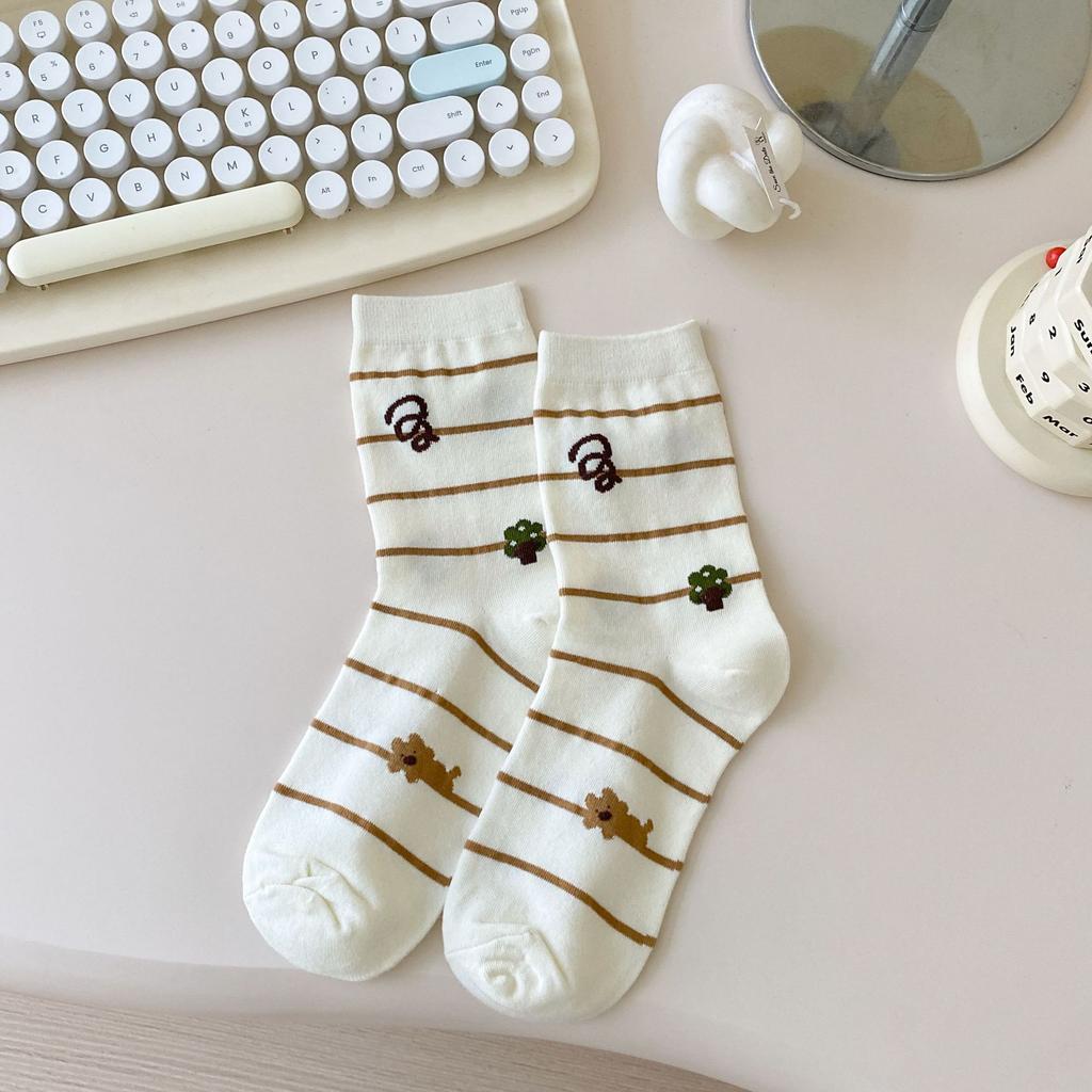Cartoon Socks Medium Tube Socks Tide Spring And Autumn Cute College Style Bow Polka Dot Puppy Striped Socks