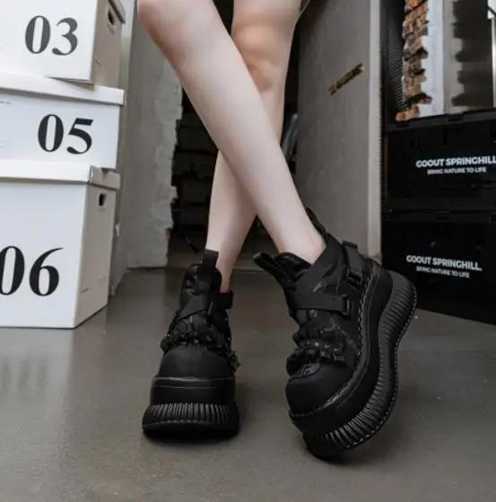 Fashion 8CM Gothic Style Chunky Boots High Platform Women Ankle Boots Elegant Walking Comfy Woman Motorcycle Shoes Punk Leather Boots