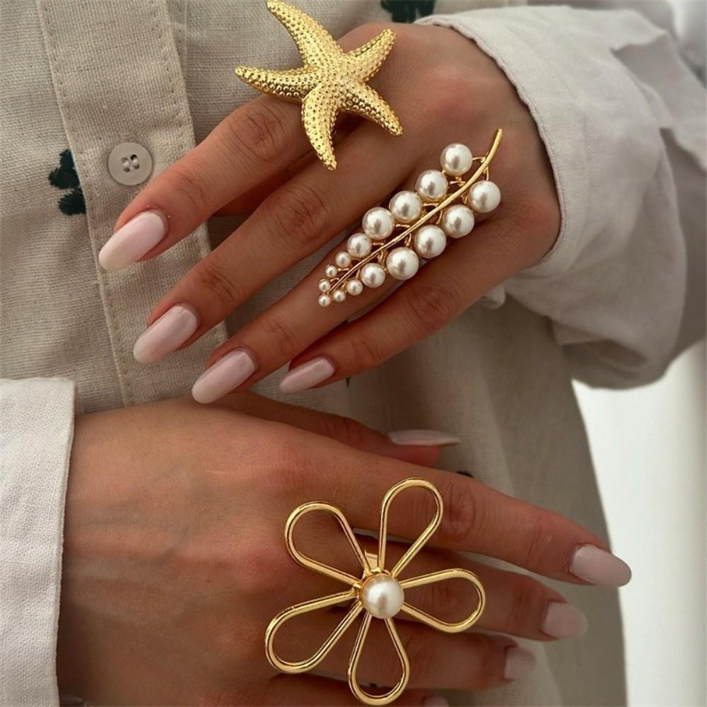 Exaggerated Starfish Ring Flower Shape Flower Ring Romantic Pearl Ring Perfect Gift