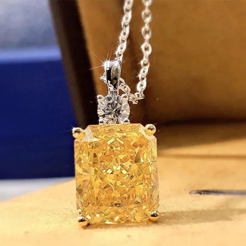 Sparkling Yellow Cubic Zirconia Necklace for Women's Wedding Anniversary Party Luxury Accessories Gifts Fashion Jewelry Pendant