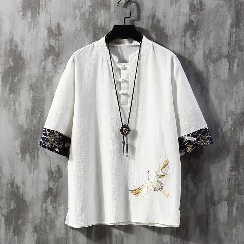 Chinese Style Disc Button Linen T-shirt Mens Summer Short-sleeved Tang Shirt Loose Large Size T-shirt Japanese Kimono Men