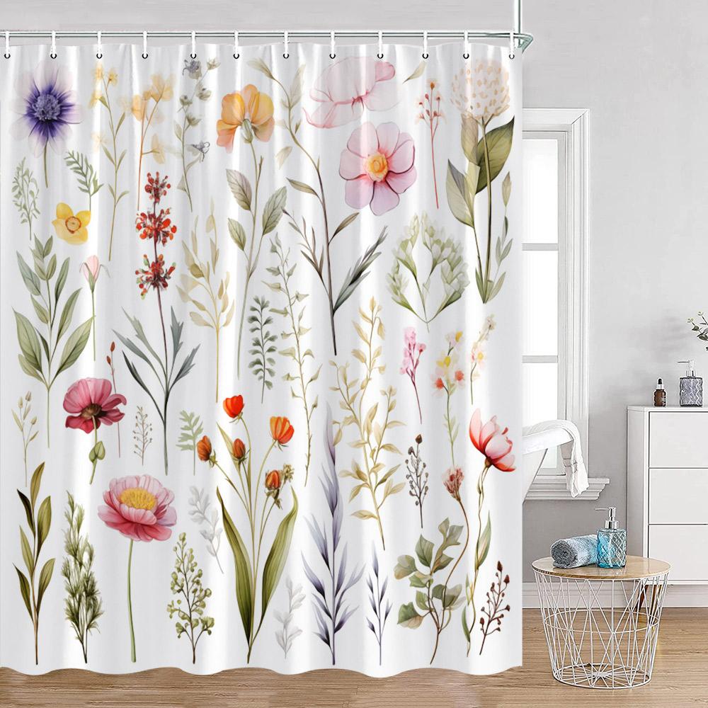 Watercolor Flower Pattern Shower Curtains Colorful Flowers Butterfly Greenery Plants Nature Home Decor For Bathroom Bath Curtain