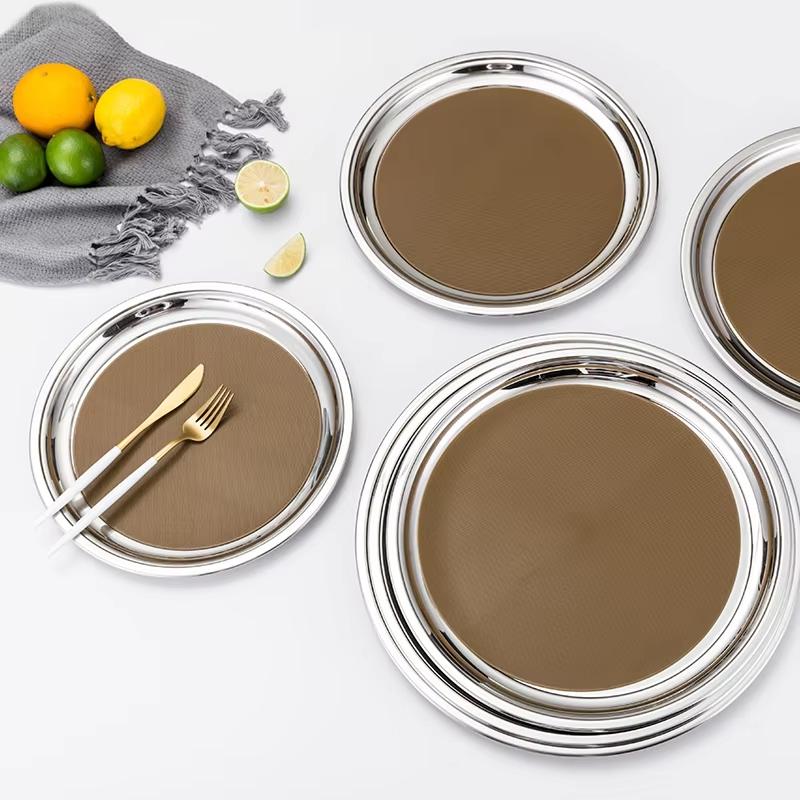 Bar Tableware Thickened Stainless Steel Food Storage Trays Fruit Pans Water Bread Shallow Dish Serving Plate With Anti Skid Pad