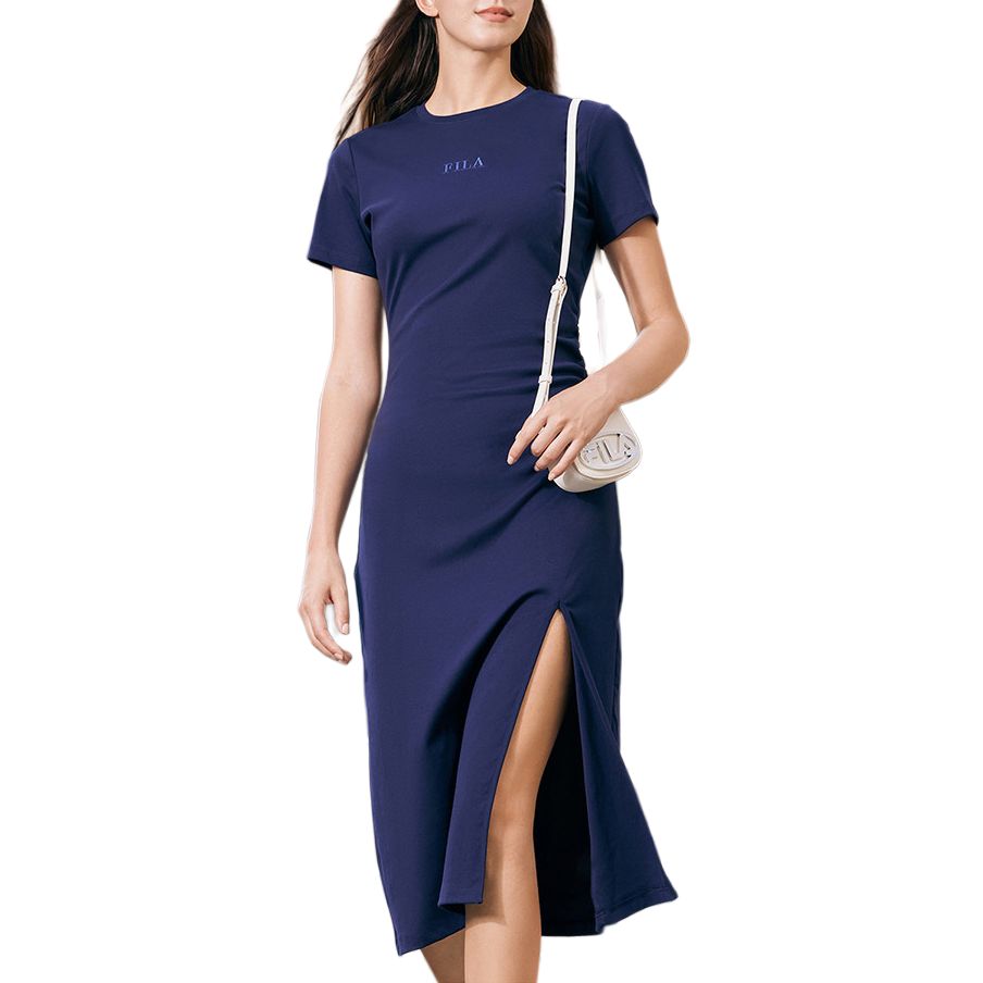 FILA Original Logo Solid Color Fashion Casual Simple Split Hem Slim Soft Breathable Round Neck Pullover Short Sleeve Dress F51W429302F-DB