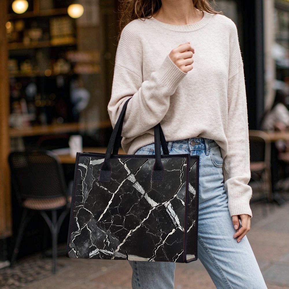 Black Marble Pattern Tote Bag Large Capacity Shoulder Handbag for Daily Use