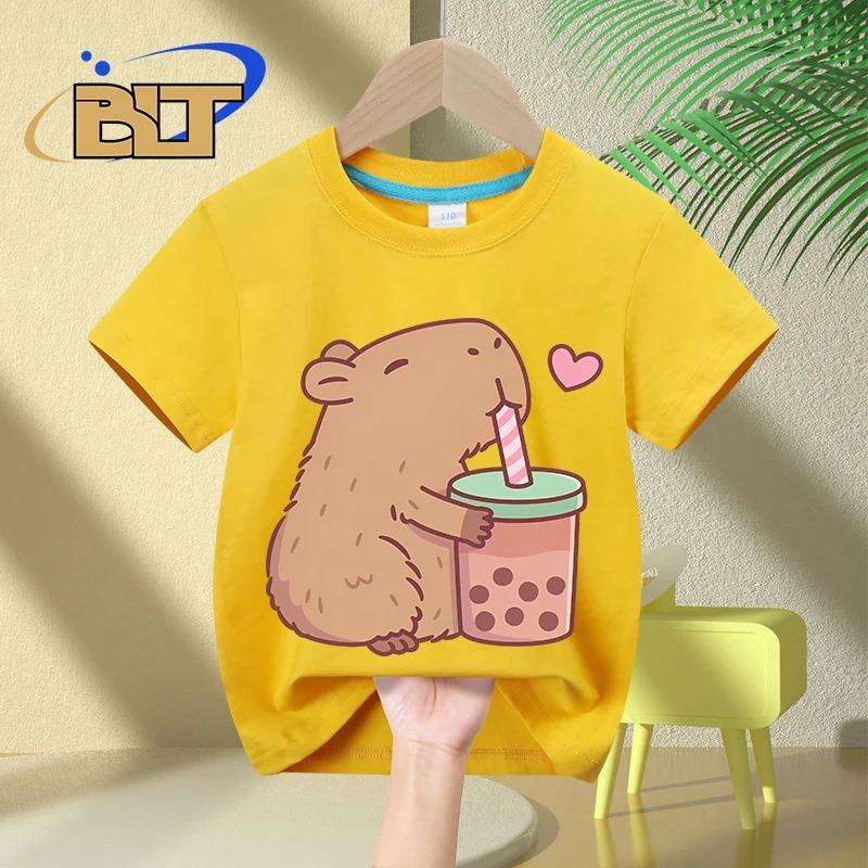 Cute Capybara Loves Bubble Tea Print Kids T-Shirt Summer Children's Short-sleeved Casual Tops Boys and Girls Gifts
