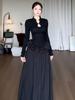 Elegant Plus Size Black Long Sleeve Chinese Style Curvy Dress with Waist-Cinched Bud Skirt - Autumn Collection