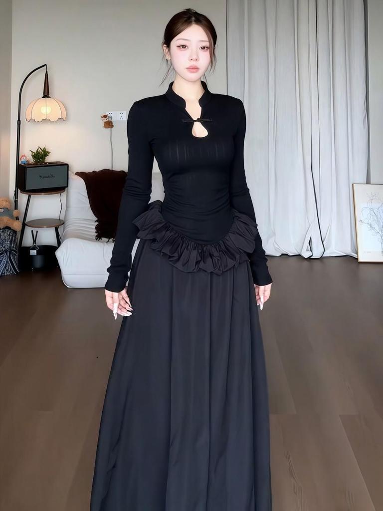Elegant Plus Size Black Long Sleeve Chinese Style Curvy Dress with Waist-Cinched Bud Skirt - Autumn Collection