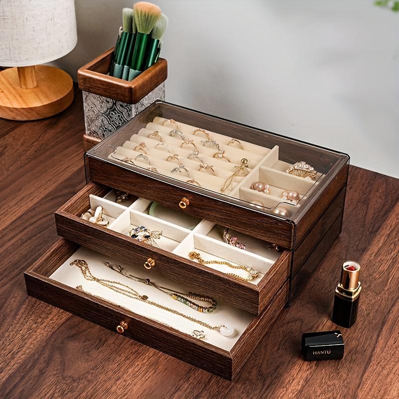 Large Capacity 3-Tier Jewelry Storage Box Drawer Organizer Walnut Wood Grain Multi-layer Stackable Necklace Earrings Jewelry Box