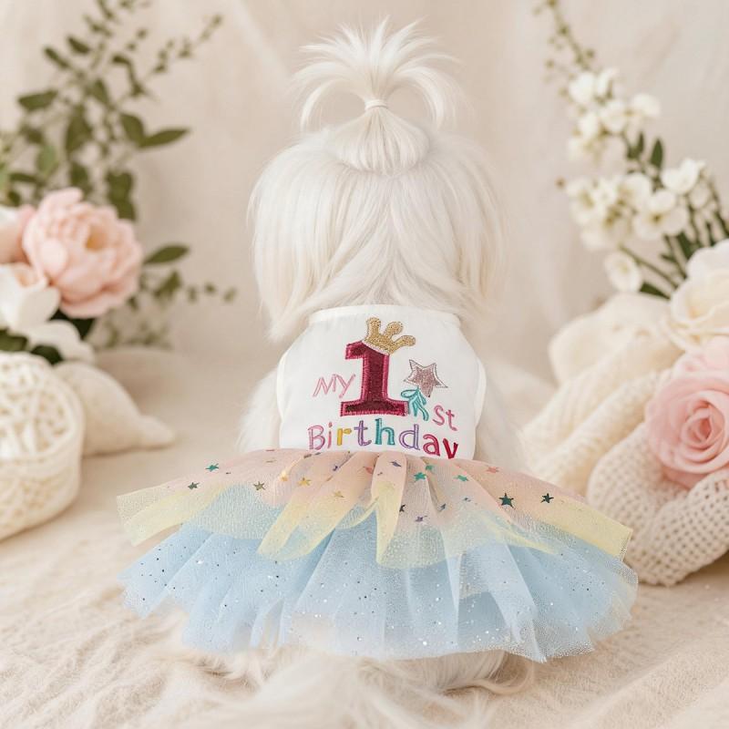 Pet Birthday Dress With Rainbow Gradient Star Mesh Crown Tutu Teddy Bichon Outfit
