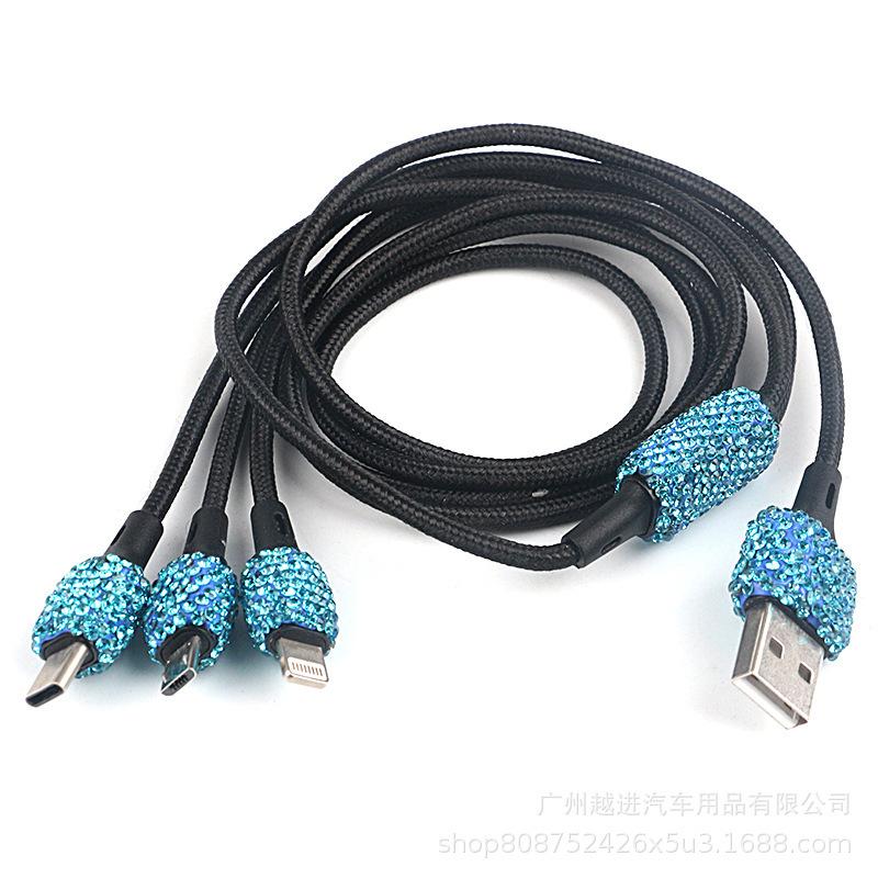 Carregador de carro USB Bling 5V/2.1A Decoração de cristal Adaptador rápido de porta dupla, 3,9 pés Nylon Tipo C Micro USB 3 em 1 Cabo de carregamento múltiplo