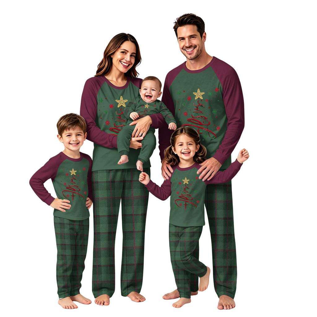 Family Matching Christmas Pajama Set with Long Sleeve Neck Top and Pants for Kids and Adults