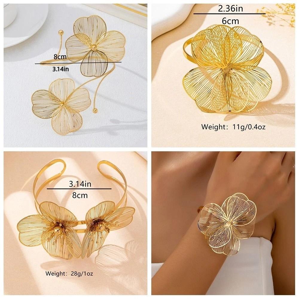 Vintage Metal Brushed Bangle Elegant Open Floral Arm Cuff Bohemian Hollowed Flower Bracelet Women