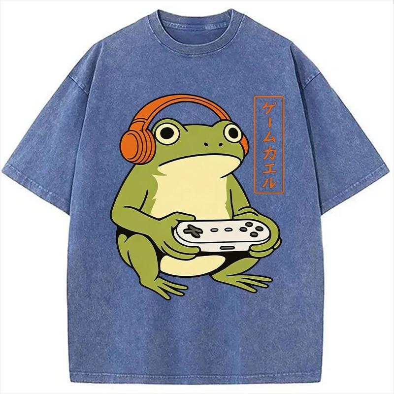 Japanese Gamer Frog Washed T-Shirt Fashion Summer Cotton Harajuku Sports Tees Y2K Vintage Holiday Tunics Unisex