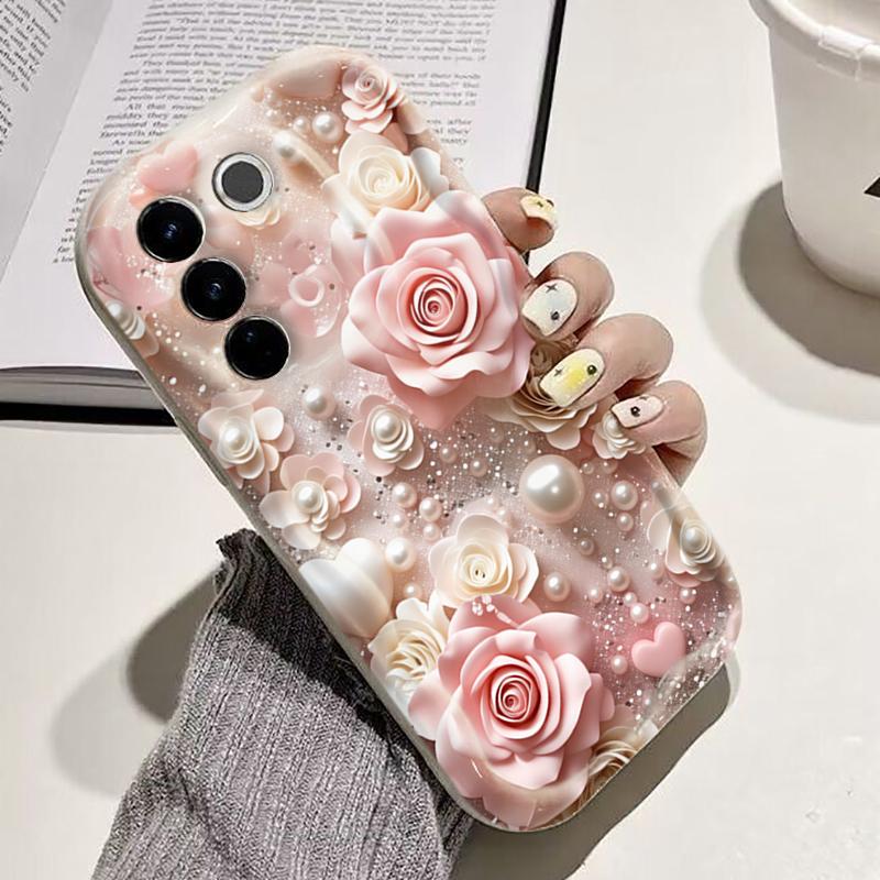 Phone Case For Samsung Galaxy S26 Ultra S25 S24 S22 S23 Plus FE A56 A55 A37 A36 A27 A26 A16 Pink Rose Flowers Cream Soft Cover