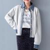 Women's Long Sleeve Knit Top O Neck Japanese Casual Sweater Faux Denim Patchwork Cardigan