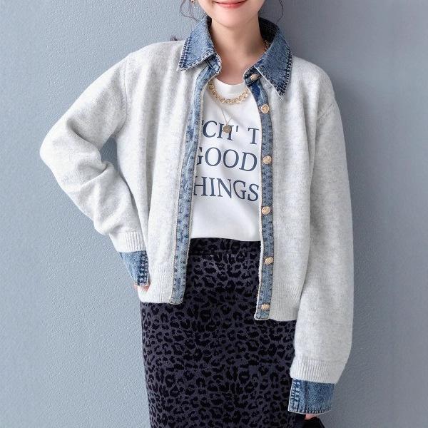 Women's Long Sleeve Knit Top O Neck Japanese Casual Sweater Faux Denim Patchwork Cardigan