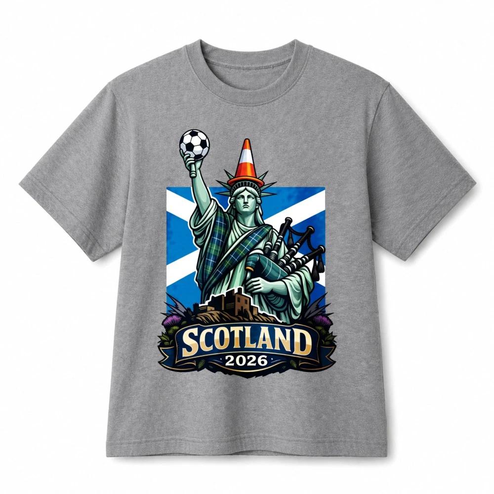 Scotland 2026 Liberty Statue Soccer Funny Retro Graphic Cotton T‑Shirt Unisex 2XL