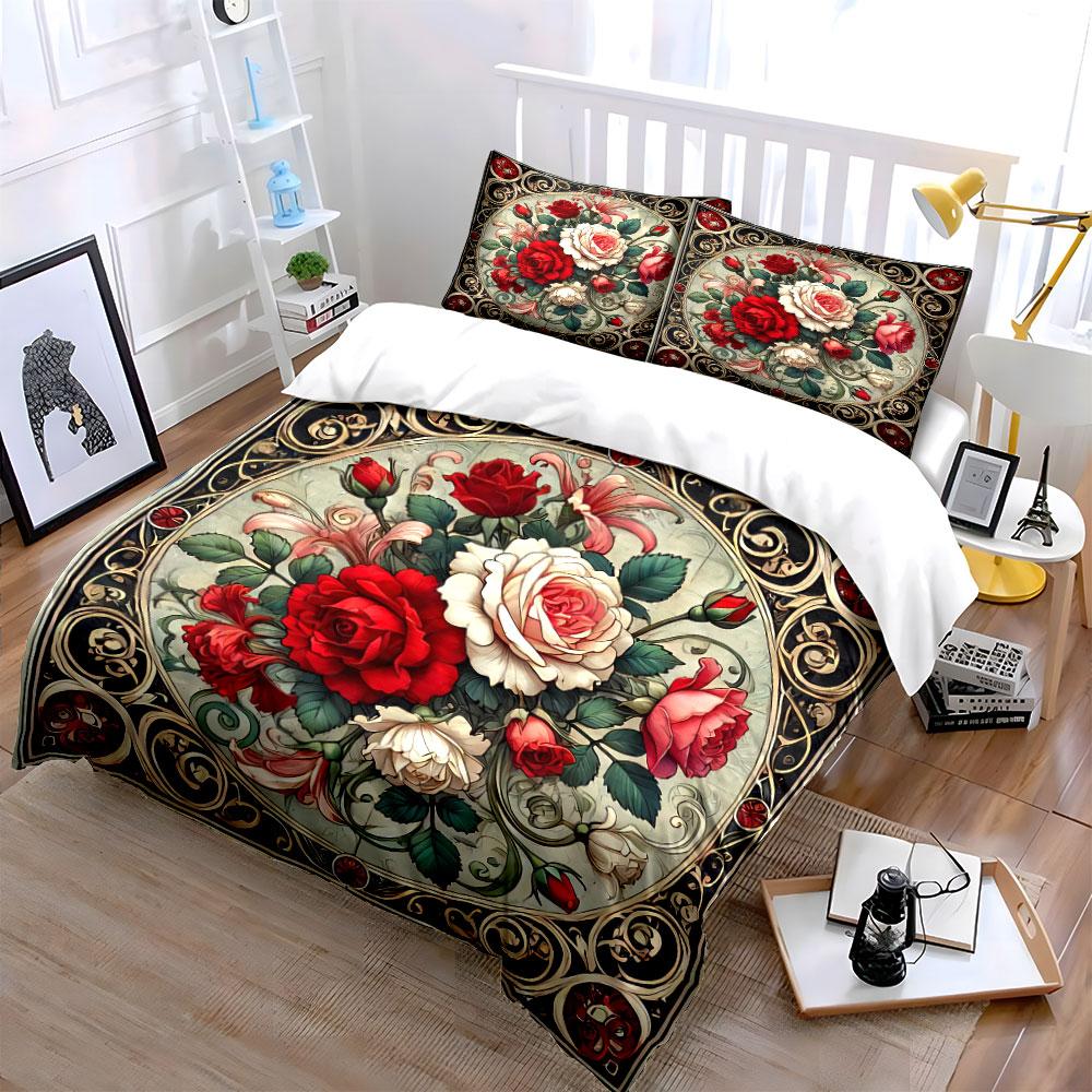 Vintage Floral Rose Bouquet Bedding Duvet Cover Set Duvet Cover Pillowcases (1*Duvet Cover 2*Pillowcases, Without Duvet Insert)