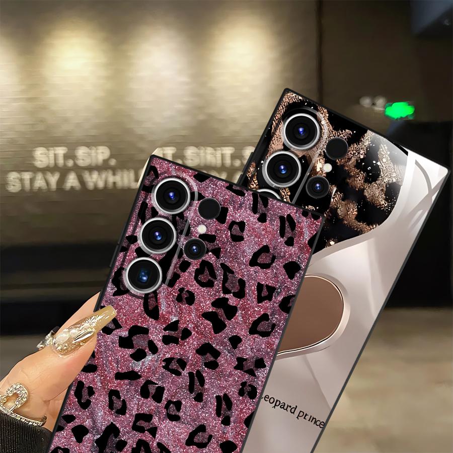 Black Soft Phone Cover Case for Samsung Galaxy S23 Ultra S25 Edge S24 Plus S20 S21 FE Cartoon Leopard Print Pattern