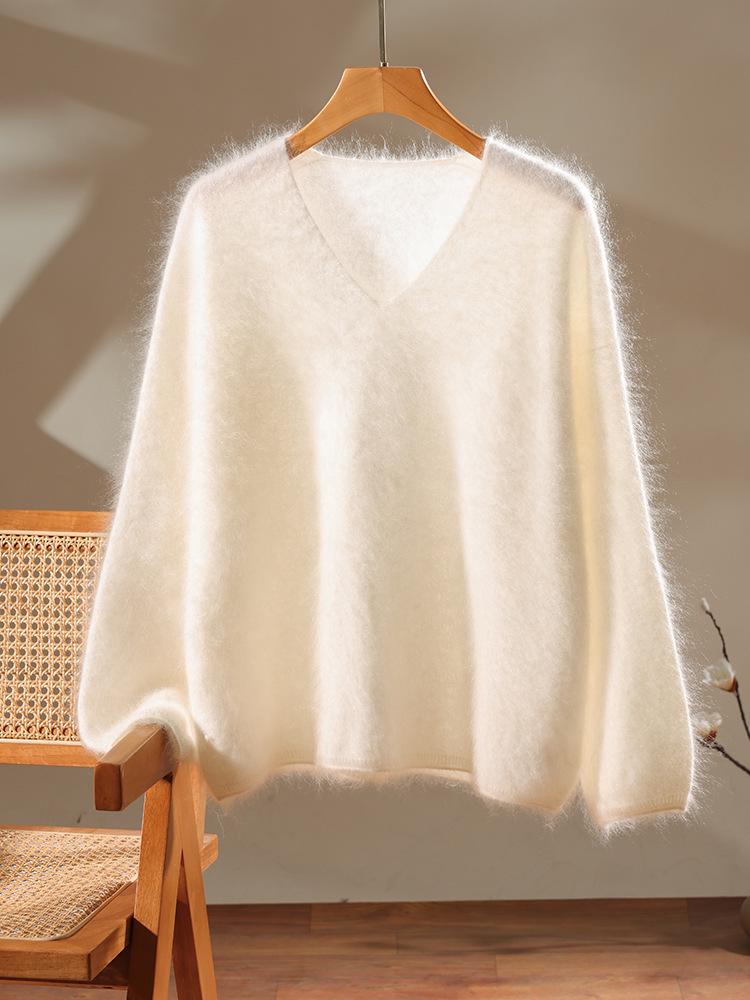 Women's Flocked V-neck Pure Cashmere Knitwear - Cozy Loose-Fit Long Sleeve Sweater for Autumn/Winter