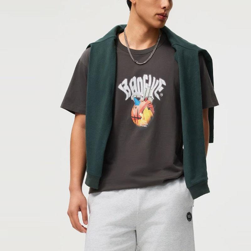 Li Ning Badfive Tactical Letter Print Casual Loose Round Neck Short Sleeve T-Shirt Men Tops Dark-Gray AHSU431-6