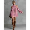 2026 Womens Loose Suede Halter Mini Dress Lantern Sleeve Sweet Party