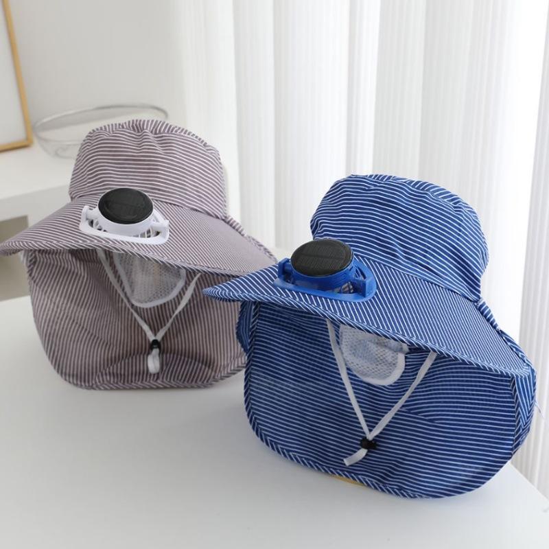 Spring and summer new striped sunscreen cap breathable shawl cap dry farm work tea picking cap solar charging fan sun hat