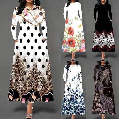 Vestido de mujer talla grande estampado digital manga larga péndulo D temperamento elegante