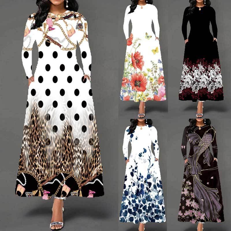 Women's large-size dress digital printing long-sleeved pendulum D temperament elegant